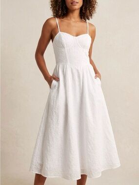Cottagecore Bridal White Eyelet Embroidery Bustier Dress with Pockets Medium